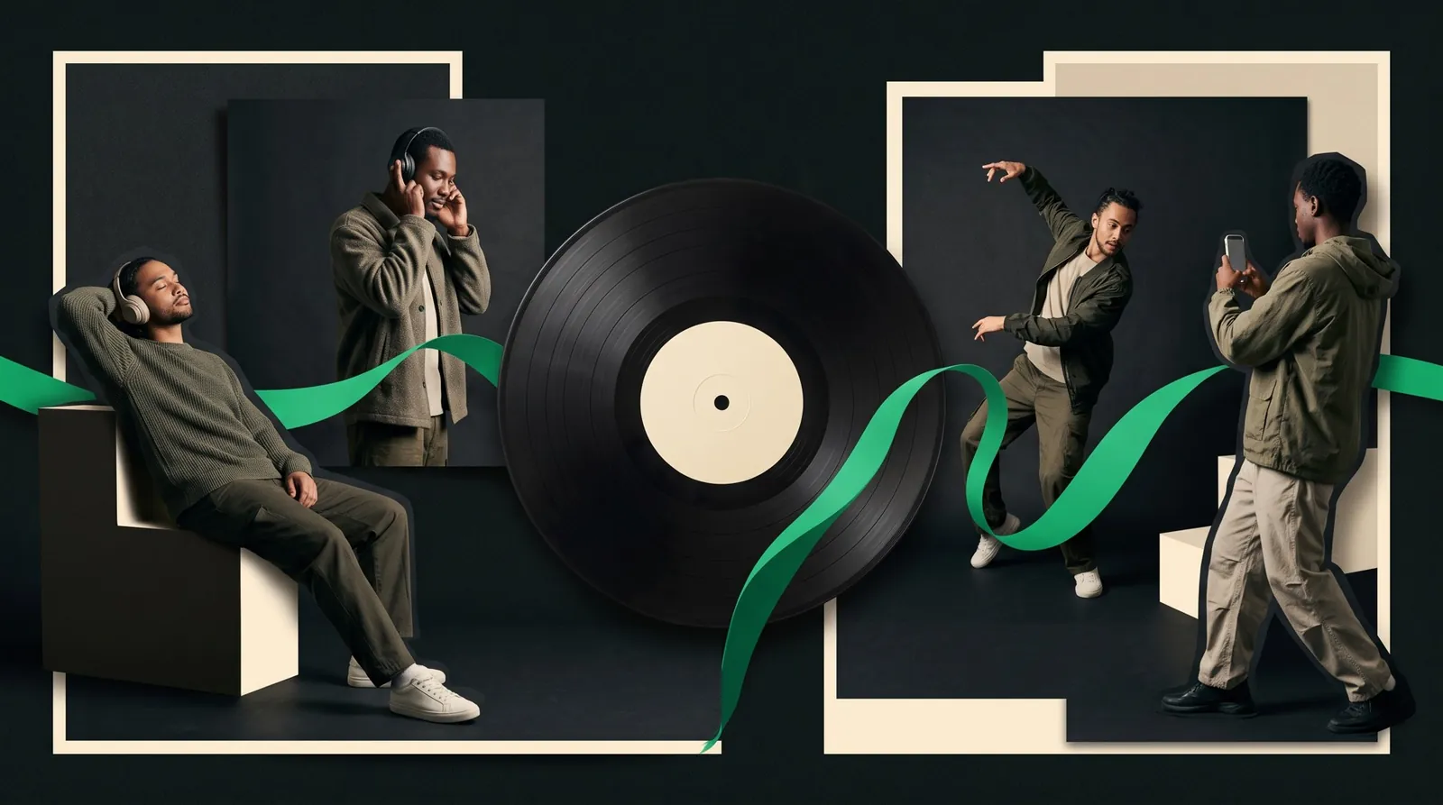Listeners wearing headphones and video creators arranged around a vinyl record.
