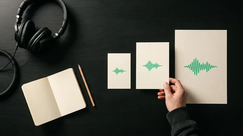 Fones, caderno e uma mão escolhendo entre três cartões de campanha de tamanhos diferentes.