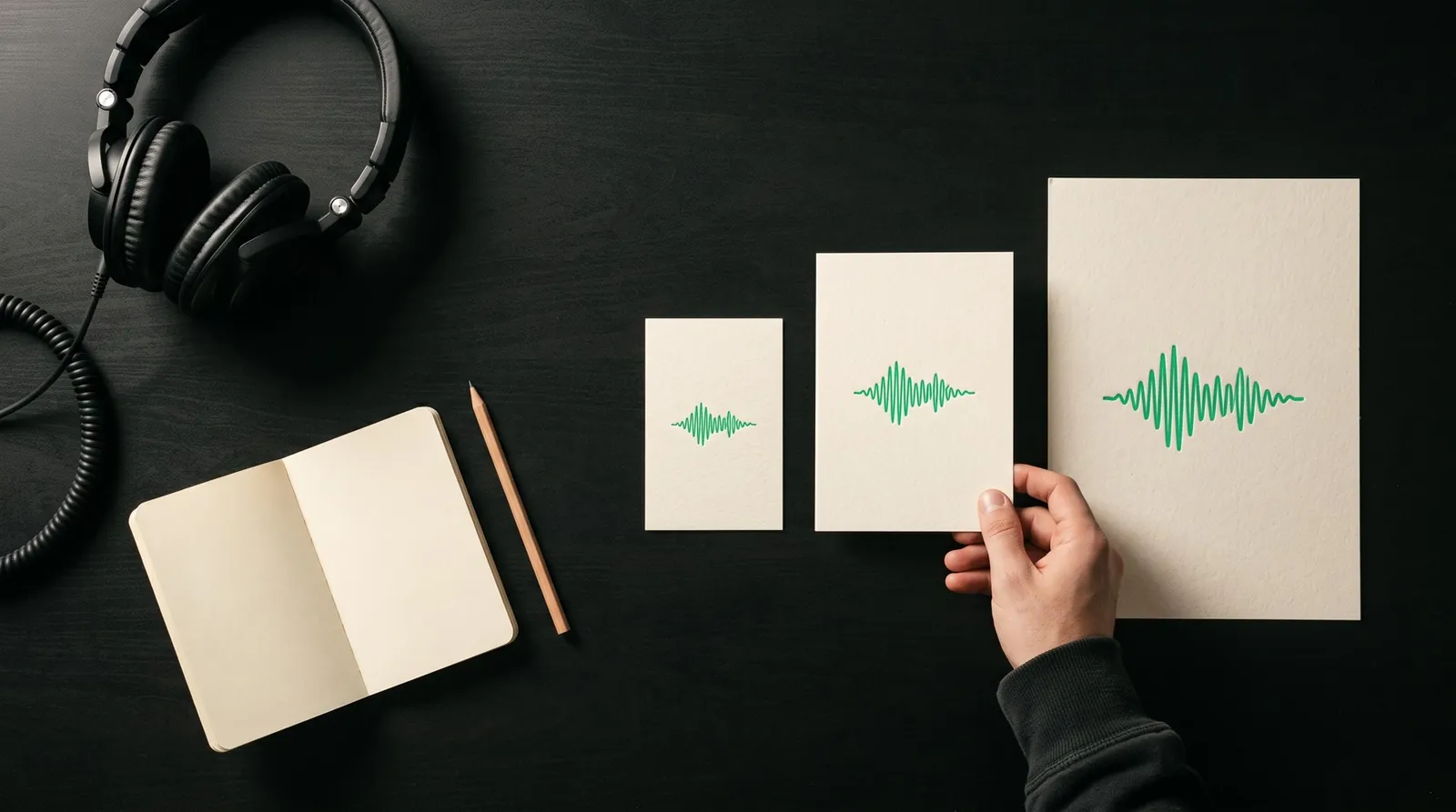 Headphones, a notebook and a hand choosing between three campaign cards of different sizes.