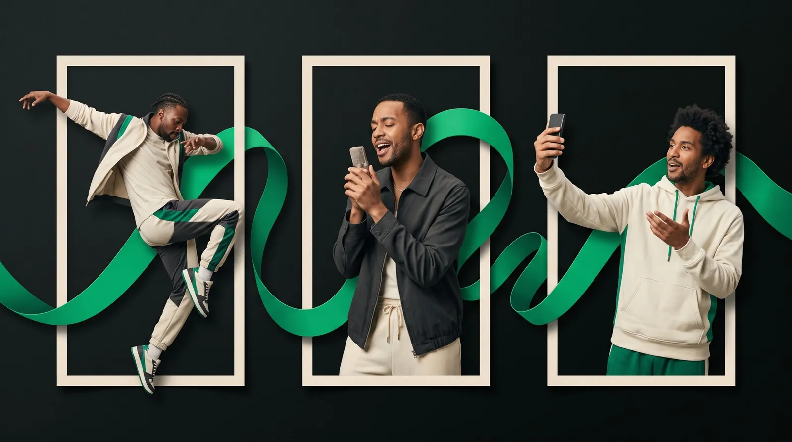 Um dançarino, um cantor e um criador gravando uma selfie mostram usos de uma música em vídeos.